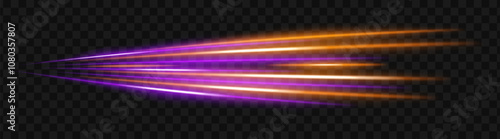 Purple and yellow light glare beams with sharp reflections. Sci-fi designs, light transitions, and futuristic effects. Glowing neon streaks and dynamic shine on a transparent background