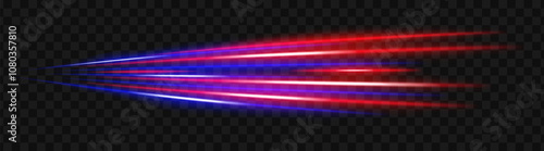 Red and blue light glare beams with sharp reflections. Sci-fi designs, light transitions, and futuristic effects. Glowing neon streaks and dynamic shine on a transparent background