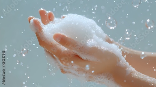 Hands and white soap foam poster background