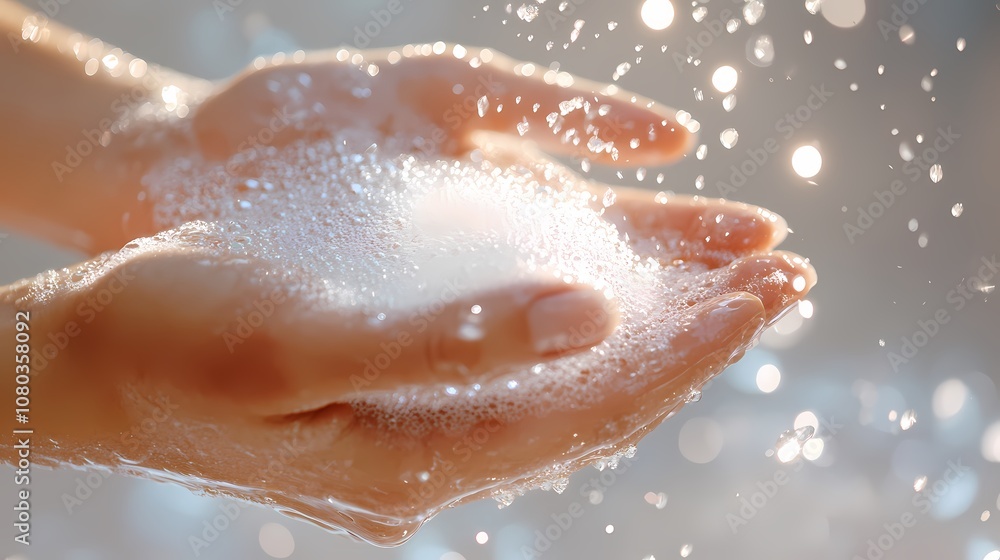 Fototapeta premium Hands and white soap foam poster background