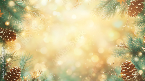 Christmas and New Year background. Christmas tree, gifts, pine cones and other elements