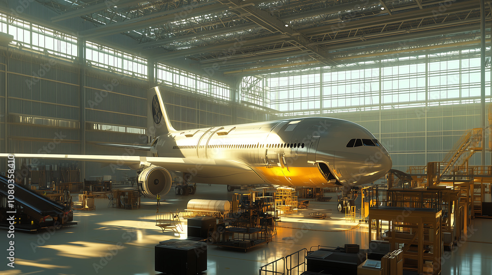 vibrant aircraft assembly plant bustling with activity, showcasing large airplane in well lit hangar. scene captures intricate details of assembly process and industrial environment vibrant aircraft assembly plant bustling with activity, showcasing large airplane in well lit hangar. scene captures intricate details of assembly process and industrial environment