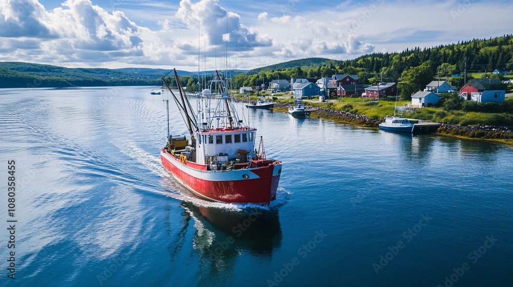 Fototapeta premium Red and white fishing boat cruising through serene blue waters, coastal village backdrop, picturesque maritime scene, tranquil seascape, summer vibes, travel photography
