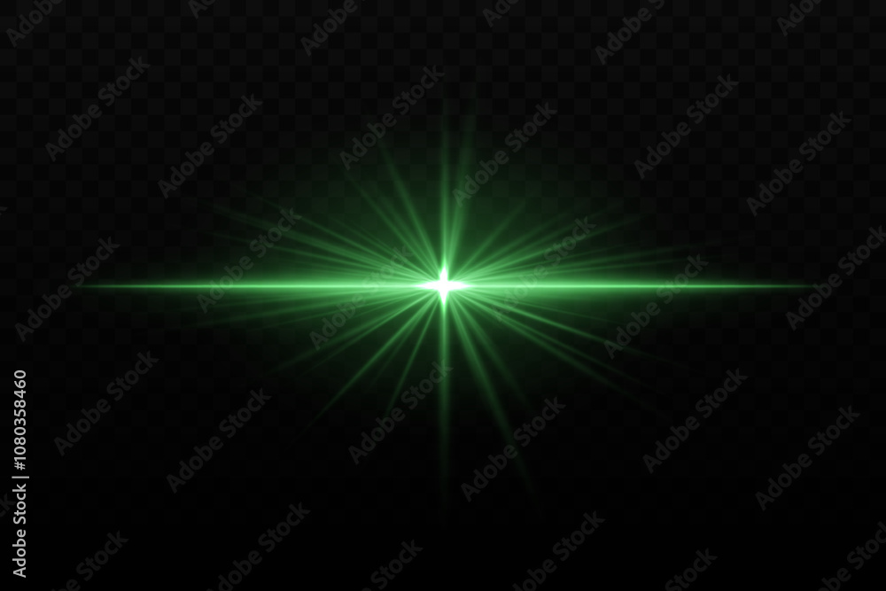 Bright green light burst with star-like rays and horizontal beam. Sci-fi glare effect, creating a glowing focal point on dark background Bright green light burst with star-like rays and horizontal beam. Sci-fi glare effect, creating a glowing focal point on dark background