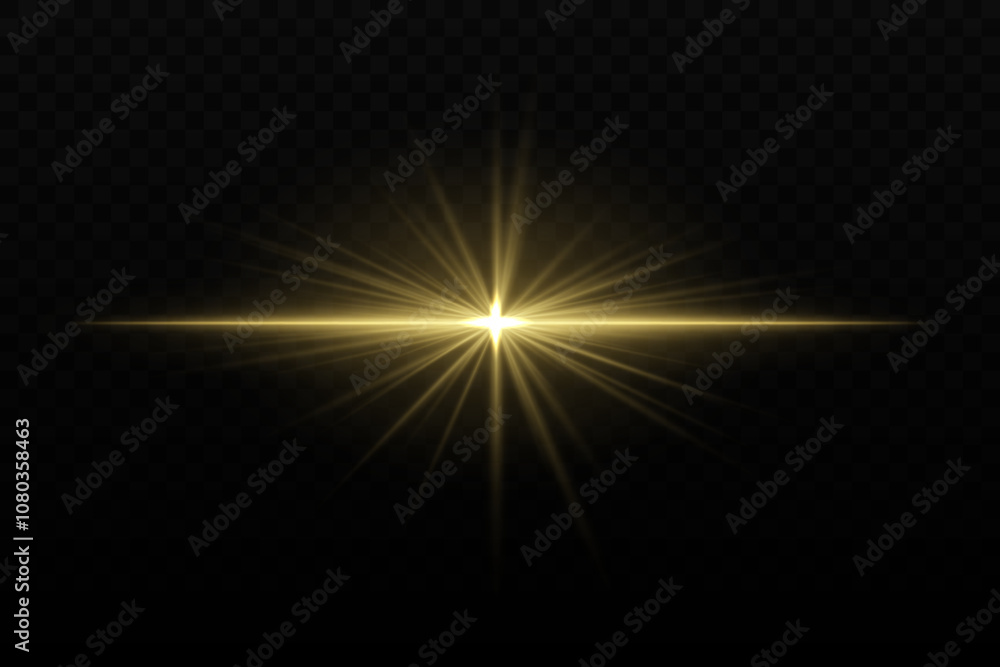 Bright golden light burst with star-like rays and horizontal beam. Sci-fi glare effect, creating a glowing focal point on dark background Bright golden light burst with star-like rays and horizontal beam. Sci-fi glare effect, creating a glowing focal point on dark background