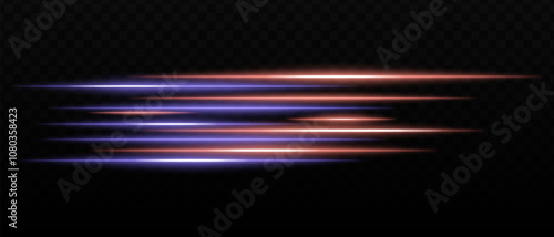 Horizontal red and blue light streaks with intense glare and futuristic reflections. Sci-fi designs, light transitions, and neon glow. Dynamic light effects on a dark background