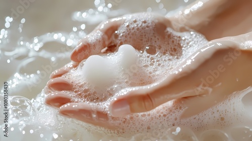 Hands and white soap foam poster background