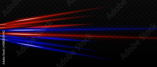 Horizontal red and blue light streaks with intense glare and futuristic reflections. Sci-fi designs, light transitions, and neon glow. Dynamic light effects on a dark background