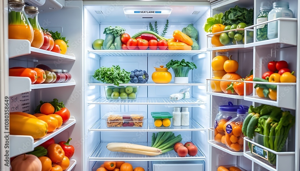 A shiny refrigerator wallpaper filled with fresh produce and organized shelves, creating a fresh and vibrant kitchen look. A shiny refrigerator wallpaper filled with fresh produce and organized shelves, creating a fresh and vibrant kitchen look.