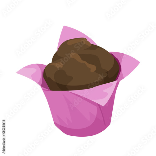A chocolate muffin displayed in a pink wrapper on a white background. Vector illustration