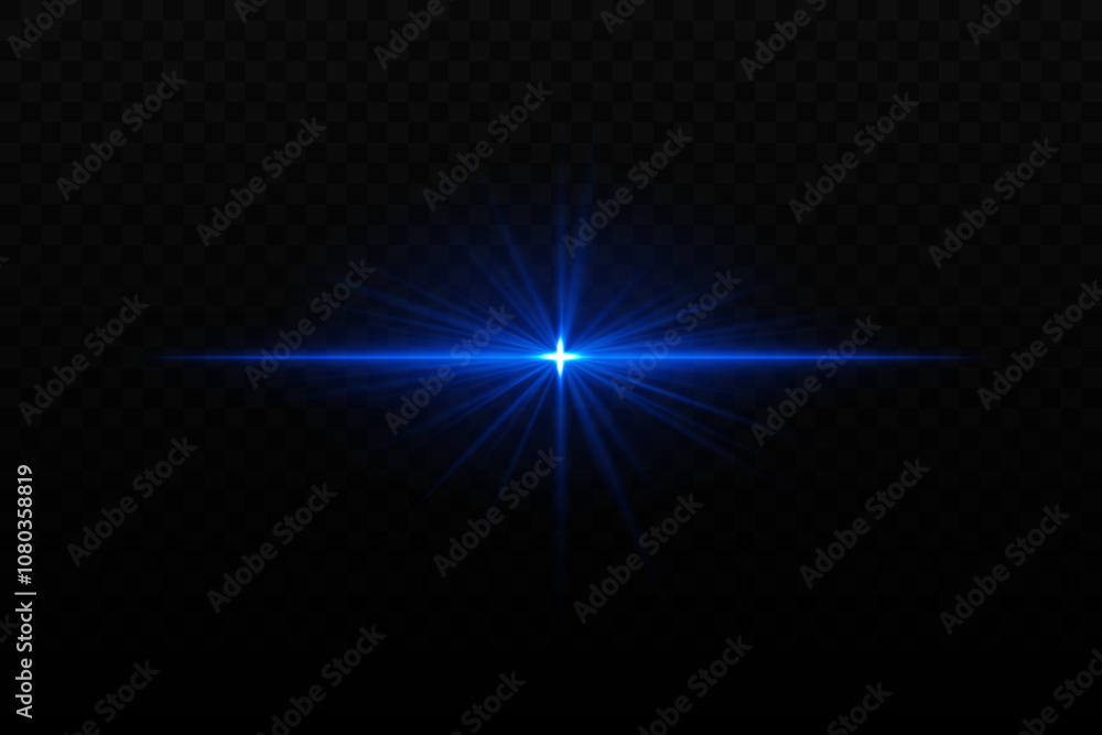 Bright blue light burst with star-like rays and horizontal beam. Sci-fi glare effect, creating a glowing focal point on dark background Bright blue light burst with star-like rays and horizontal beam. Sci-fi glare effect, creating a glowing focal point on dark background