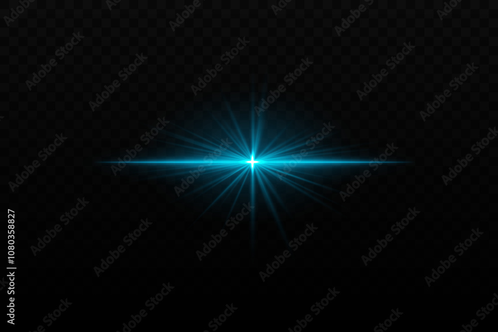 Bright blue light burst with star-like rays and horizontal beam. Sci-fi glare effect, creating a glowing focal point on dark background Bright blue light burst with star-like rays and horizontal beam. Sci-fi glare effect, creating a glowing focal point on dark background