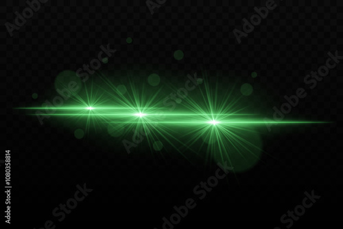 Bright green neon light with glare and lens flare effects. Three focused light beams with radiant glow and bokeh particles on a dark background