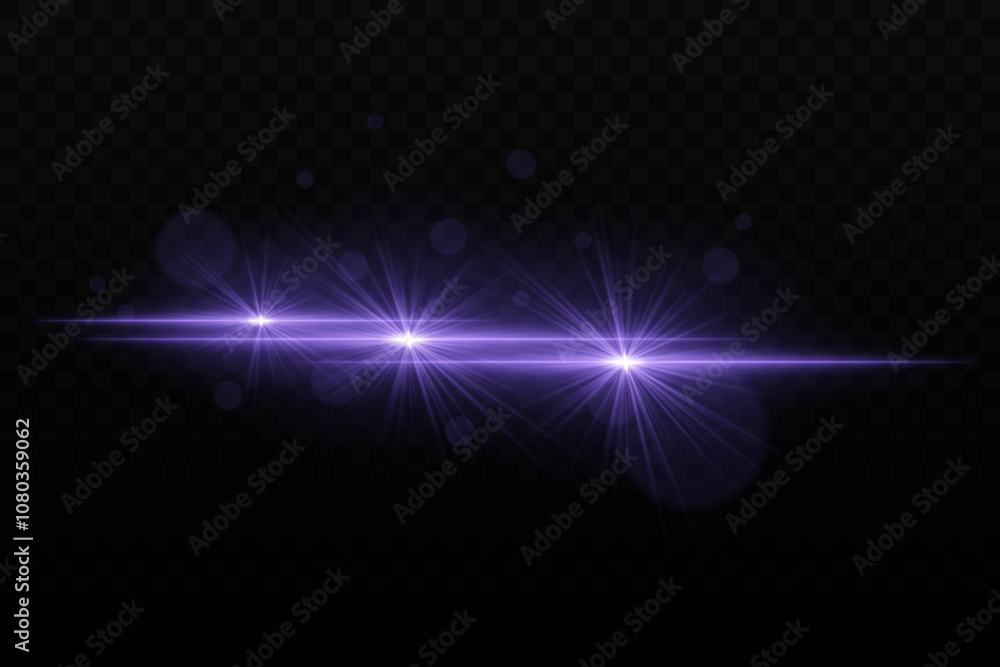 Bright blue neon light with glare and lens flare effects. Three focused light beams with radiant glow and bokeh particles on a dark background Bright blue neon light with glare and lens flare effects. Three focused light beams with radiant glow and bokeh particles on a dark background