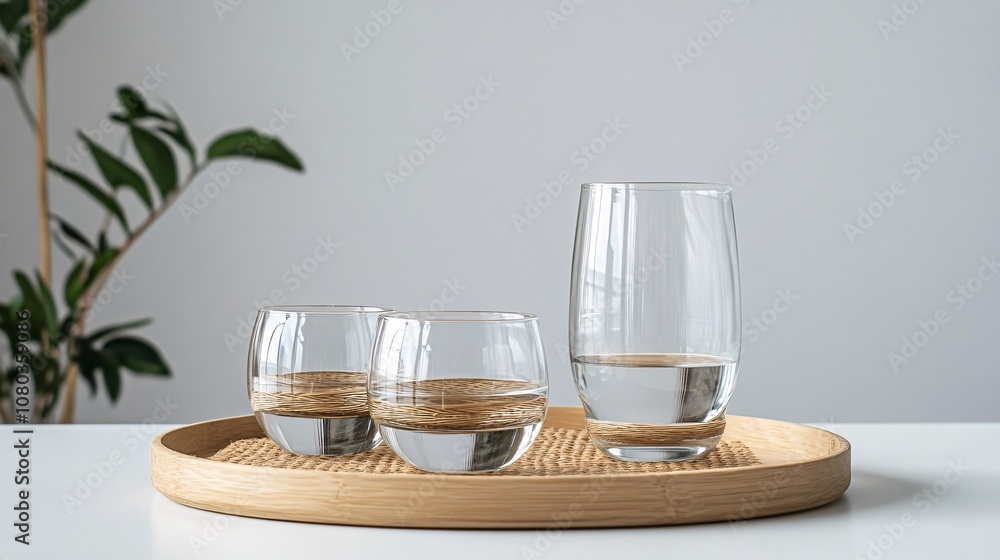 Three glasses of water - the glasses are all half full on a table Three glasses of water - the glasses are all half full on a table