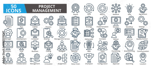 Project management icon collection set. Containing planning,scheduling,leadership,project,management,goals,target,management icon. Simple line vector