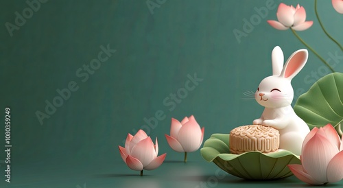 bunny with mooncakes and lotus flowers under the full moon. Chinese traditional holiday Mid autumn festival holiday green background with mooncakes