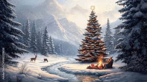 A scenic winter landscape showcases a frozen river winding through snowy pines with a cozy fire and festive christmas tree