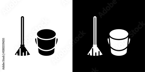 besom with stick and pail icon linear logo isolated