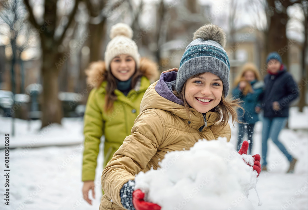Cheerful teenage girl in beige winter jacket and knit beanie having fun during snowball fight with family in snowy park, authentic winter lifestyle moment Cheerful teenage girl in beige winter jacket and knit beanie having fun during snowball fight with family in snowy park, authentic winter lifestyle moment