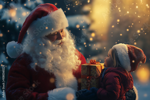 Santa Claus giving a gift to a child under a snowy evening, symbolizing Christmas magic, joy, and warmth. Perfect festive moment for holiday celebrations. photo