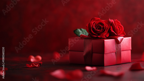 Red background for valentines day, gift and roses photo