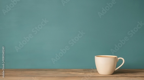 Minimalist coffee cup on a wooden table against a soft teal background, perfect for capturing cozy moments or serene coffee breaks in home or office settings