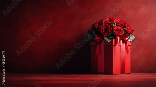 Red background with roses and one gift for valentines day photo