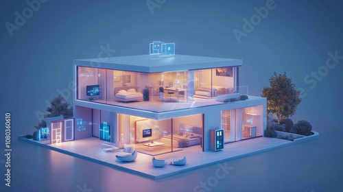 3D Blueprint of a Smart Home Featuring IoT Devices, Wireless Technology, and Domestic Appliances for Modern Living