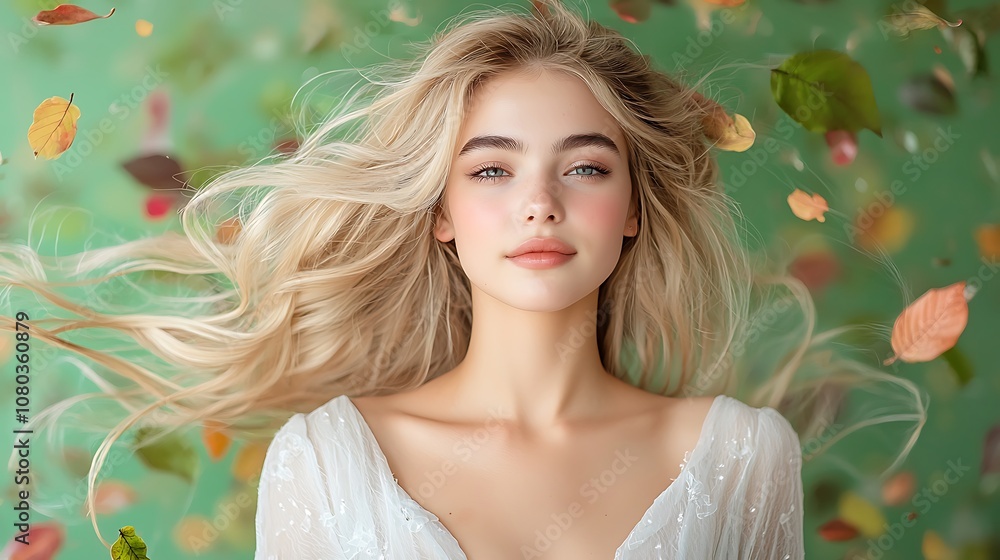 The woman with flowing blonde hair wearing a pristine white dress stands gracefully in front of a lush green background adorned with vibrant leaves, exuding an ethereal and serene presence. The woman with flowing blonde hair wearing a pristine white dress stands gracefully in front of a lush green background adorned with vibrant leaves, exuding an ethereal and serene presence.