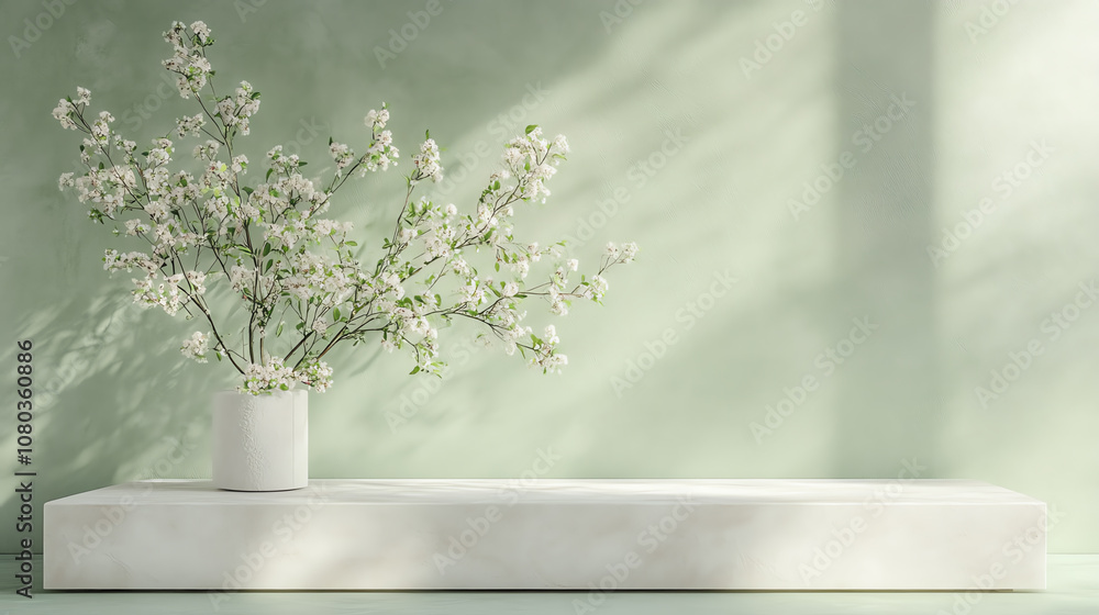 White flowers in a vase on a marble shelf against a green background with sunlight. White flowers in a vase on a marble shelf against a green background with sunlight.