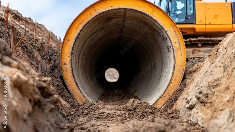 Construction site showing a large tunnel being excavated with machinery. Construction site showing a large tunnel being excavated with machinery.