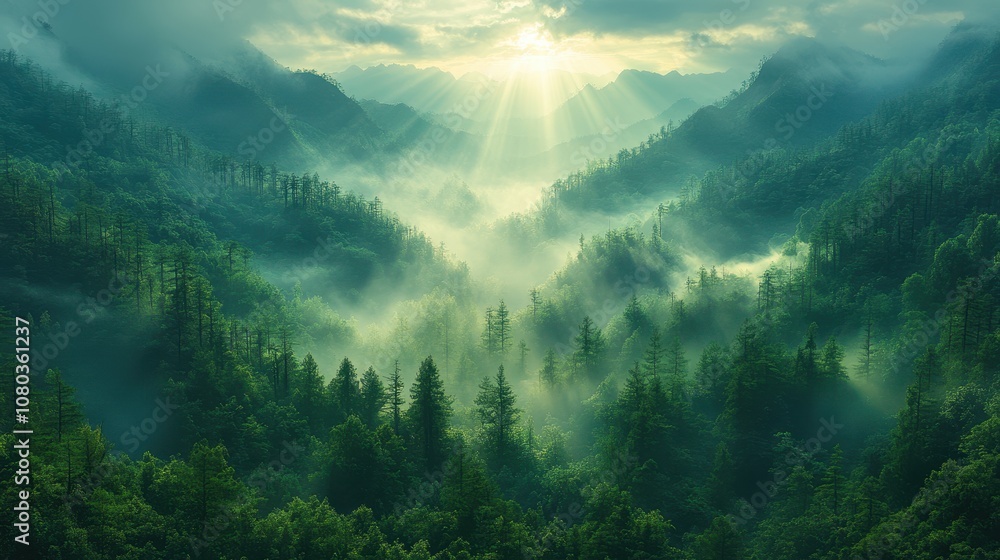 Obraz premium Misty mountain forest with sunlight filtering through tall trees, serene atmosphere, enchanting nature scene, peaceful retreat
