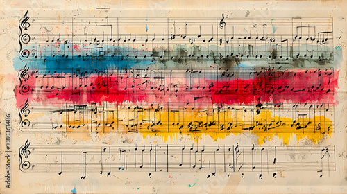 Colorful musical notes pattern on sheet music, showcasing vibrant hues of blue, red, and yellow. This pop art style evokes lively and creative atmosphere