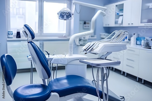 A comfortable dental chair unit in a modern dentist clinic, featuring a luxury dental chair with advanced technology.