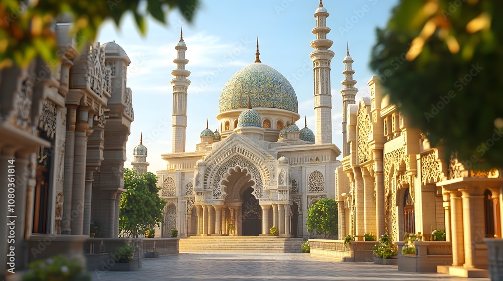 Fototapeta premium A serene architectural scene featuring a grand mosque with intricate designs and lush surroundings.