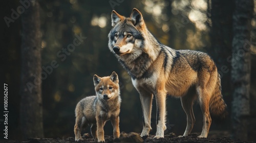 tranquil depths shadowy forest adult wolf stands protectively she wolf and their adorable cub capturing essence family unity and wilderness. photo