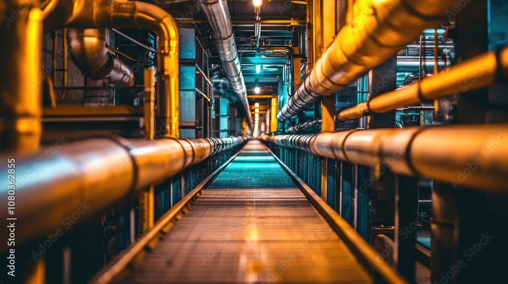 Industrial pipe corridor with glowing lights and metallic structures. Industrial pipe corridor with glowing lights and metallic structures.