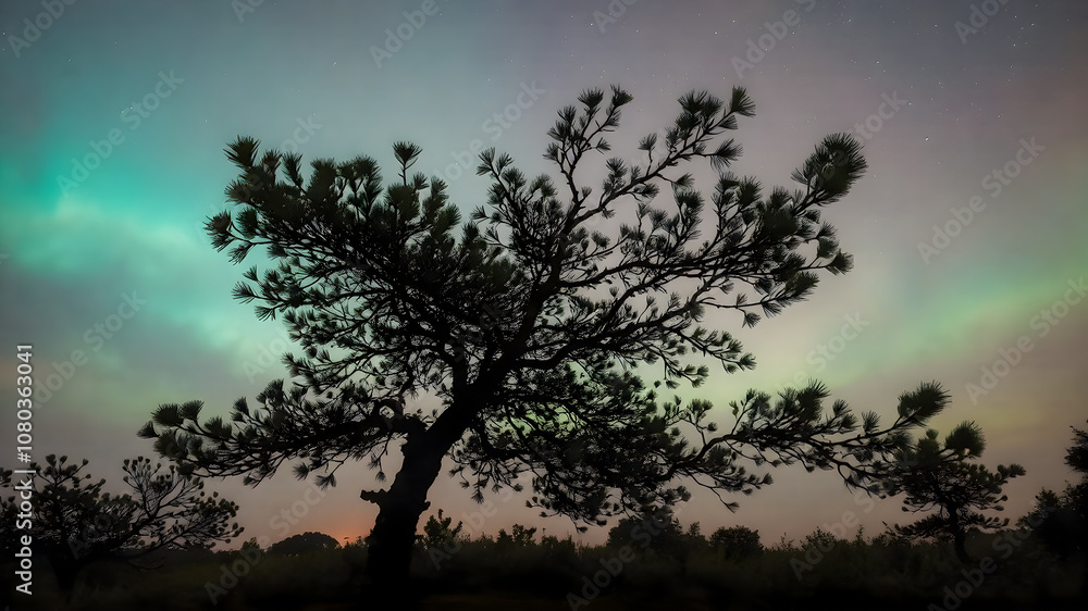 silhouette of a tree in night time and aurora in the sky silhouette of a tree in night time and aurora in the sky