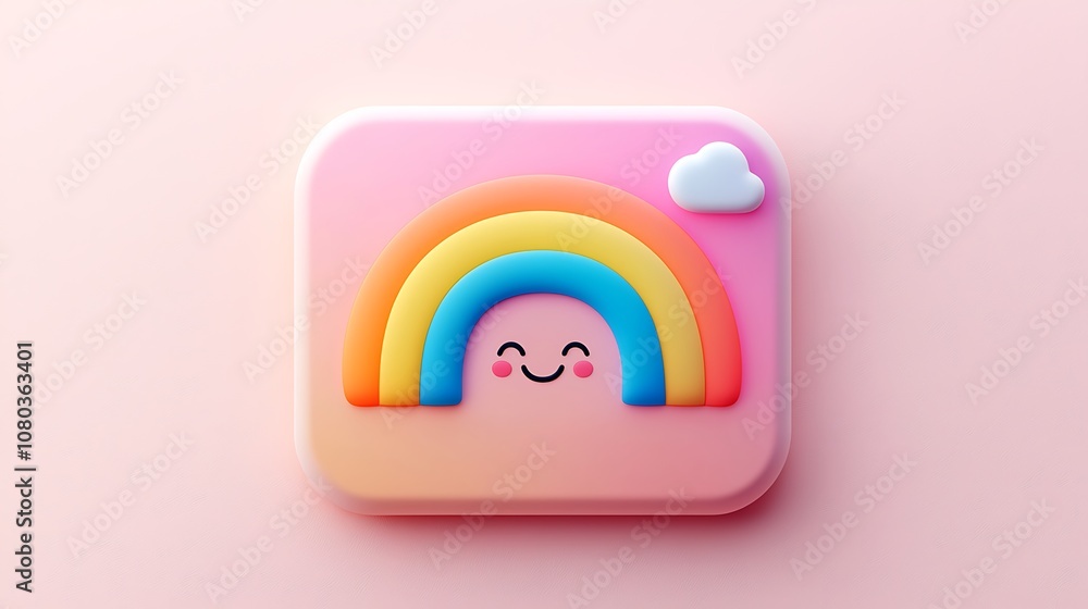 Playful and Colorful Rainbow with Smiling Face Icon on Soft Pink Background, Perfect for Children’s Content and Joyful Designs Playful and Colorful Rainbow with Smiling Face Icon on Soft Pink Background, Perfect for Children’s Content and Joyful Designs