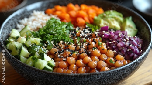 A colorful bowl of fresh vegetables and chickpeas for a healthy meal.