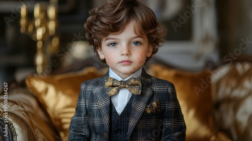 Portrait of a Young Boy in a Gray Plaid Suit and Gold Bow Tie, Sitting on a Luxurious Sofa photo