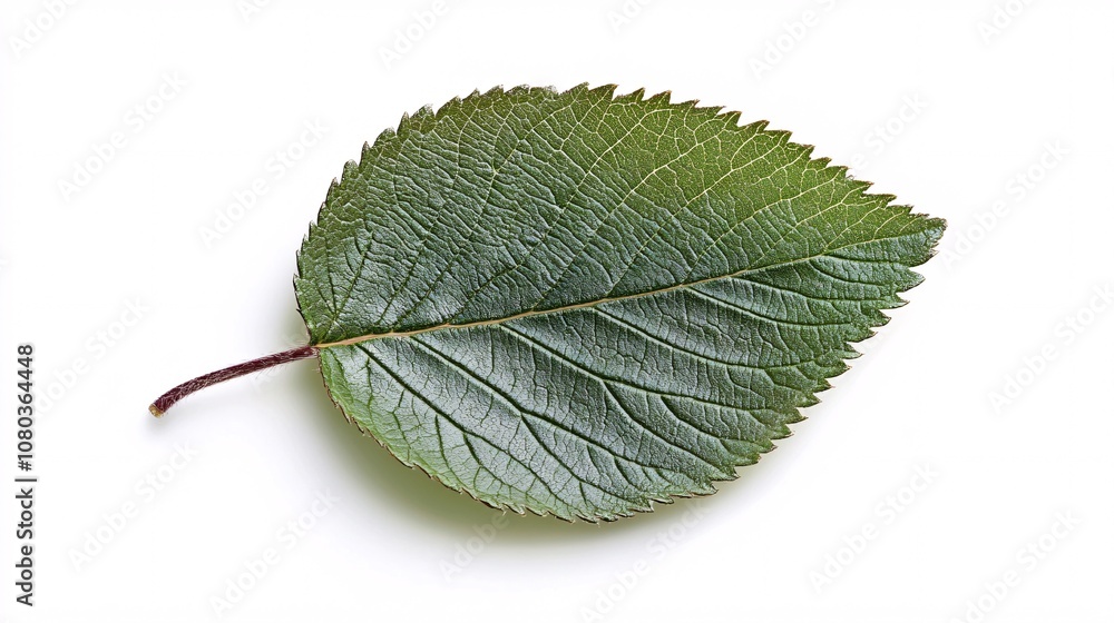 Fototapeta premium Close-Up of a Green Leaf: A Study of Natural Beauty and Botanical Detail on a White Background