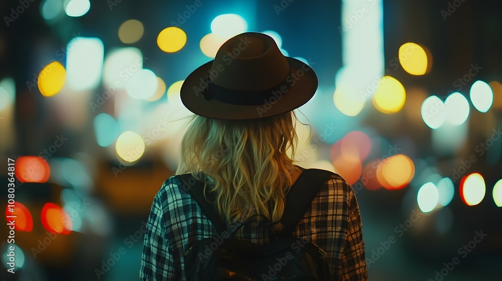 Woman in Fedora Looking at City Lights at Night Woman in Fedora Looking at City Lights at Night