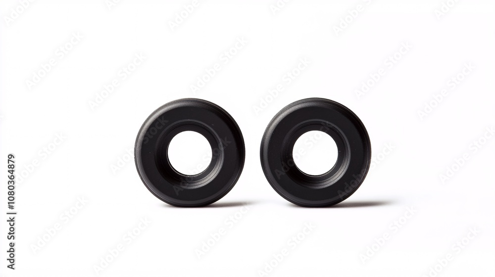 Two black circular objects on a white background, a minimalist study in form and texture, highlighting the interplay of light and shadow. Two black circular objects on a white background, a minimalist study in form and texture, highlighting the interplay of light and shadow.