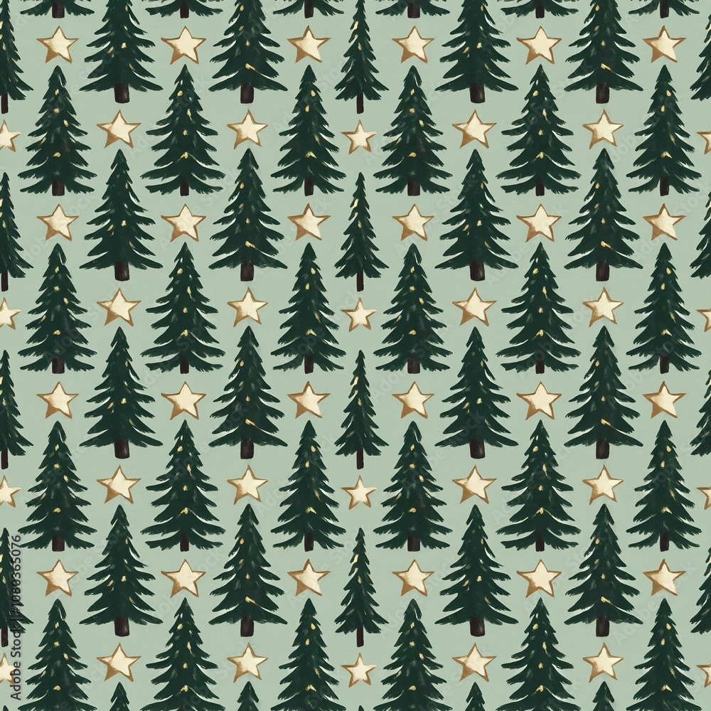 Obraz premium Festive Christmas seamless pattern featuring illustrated dark green fir trees and sparkling golden stars on a subtle sage background.