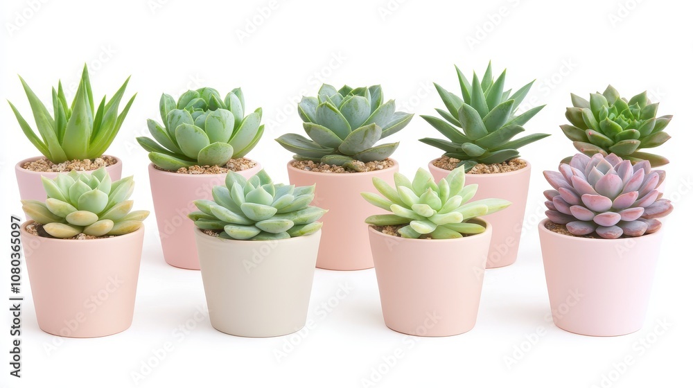 Obraz premium Beautiful arrangement of diverse succulents in soft pink planters on a clean, white background, creating a fresh and vibrant aesthetic for home or office decor