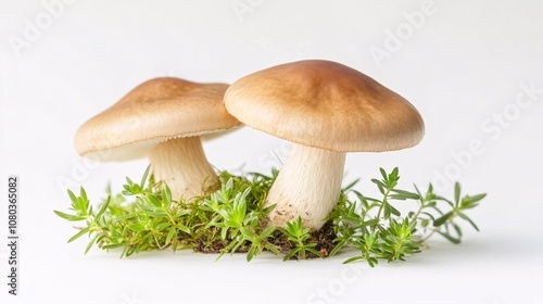 Two Mushrooms on Moss: A Serene Nature Image | Plants and Flowers Photography | Nature's Delicate Balance