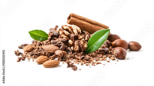 Wallpaper Mural Aromatic Culinary Delight: Close-Up of Chocolate Chunks, Assorted Nuts, Cinnamon Stick, and Fresh Green Leaves on a Pristine White Background Torontodigital.ca