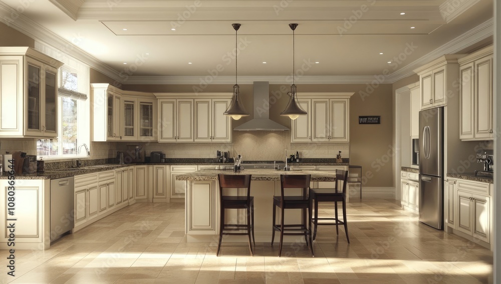 Modern Kitchen with White Cabinets, Island, and Barstools, Well-Lit by Pendant Lights Modern Kitchen with White Cabinets, Island, and Barstools, Well-Lit by Pendant Lights